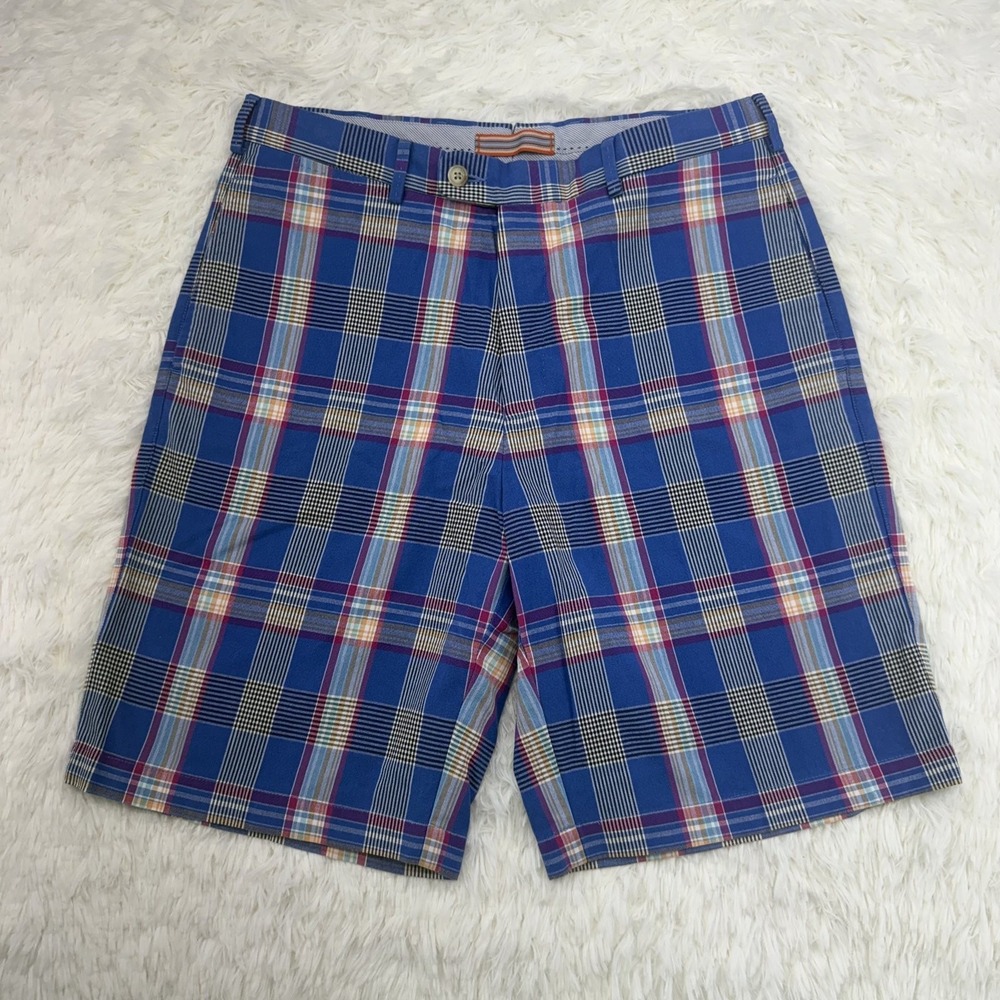 Peter Millar Shorts Mens 32 Blue Plaid Kiawah Ocean Course Logo Golf Cotton